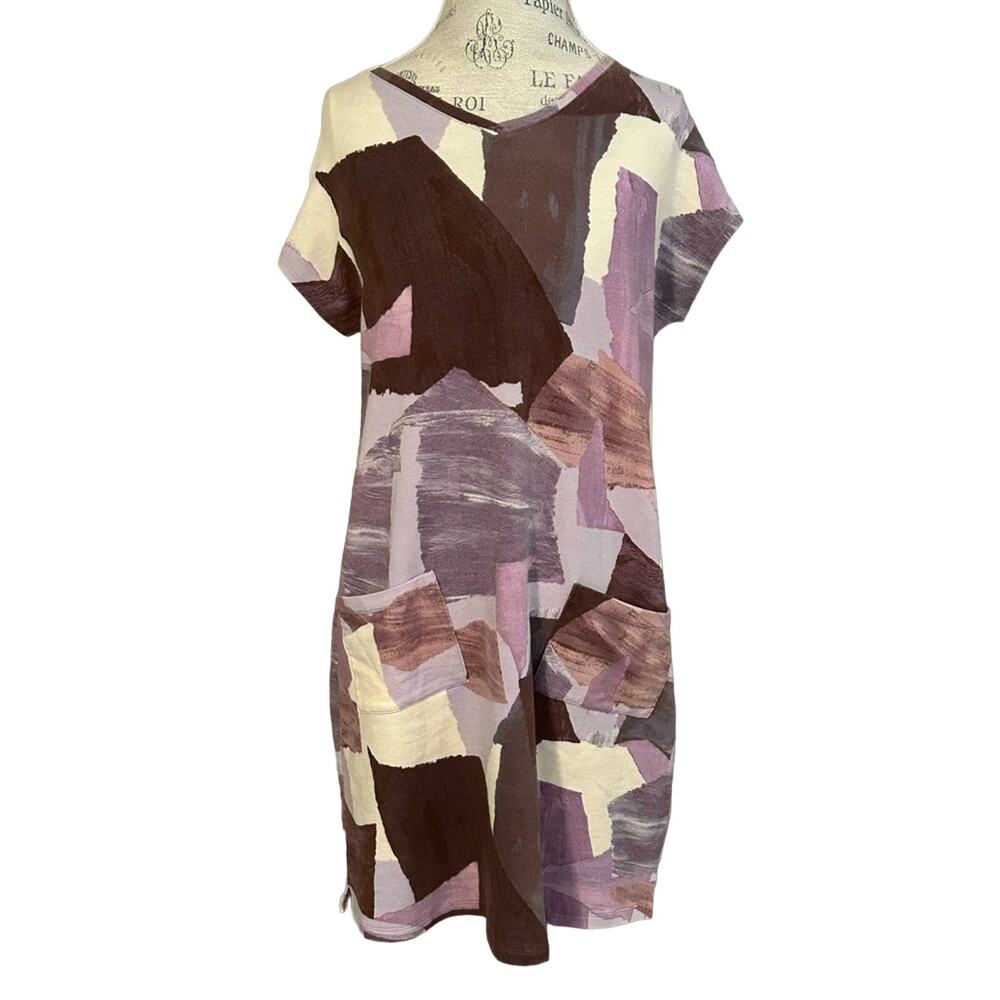 LOGO lounge by Lori Goldstein purple brown art abstract shirt dress v-neck sz XS
